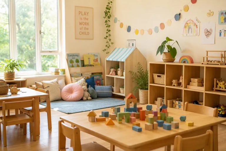 Aula luminosa de la escuela infantil con juguetes de madera