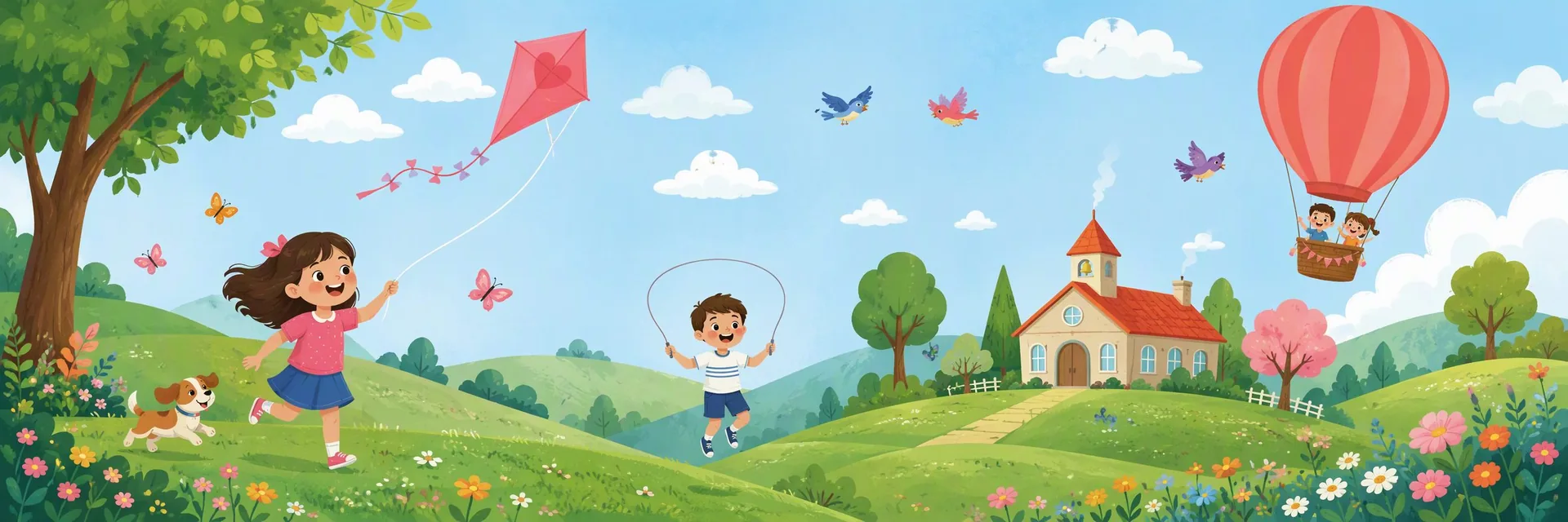 Ilustración de niños jugando en una pradera